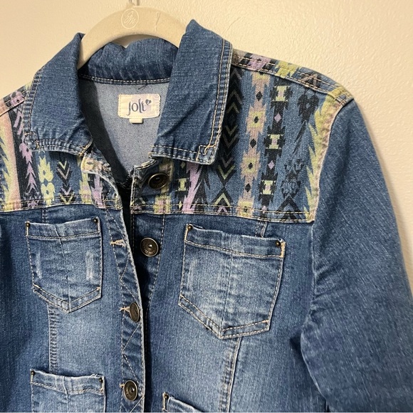 JOLT Womens Denim Jean Jacket Size S Short Style Stretch Panel Design Aztec EUC - Picture 3 of 9